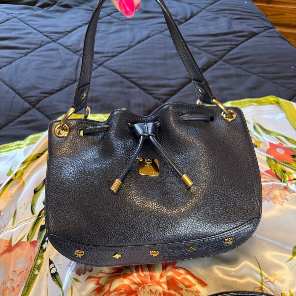 MCM Black Pebbled Leather Drawstring Shoulder Bag with Gold Hardware